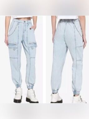 Hot Topic Womens Cargo Jogger Jeans Size 5‎ Acid Wash Grunge Festival Streetwear
